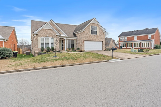 view of front of property with a garage, a front yard, and central air condition unit