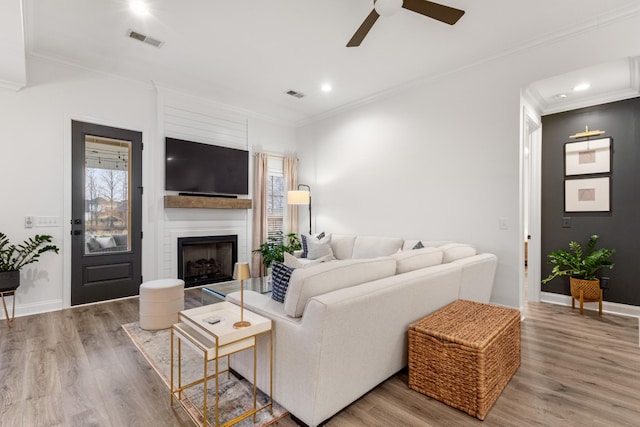 living room with wood-type flooring, ornamental molding, and a large fireplace