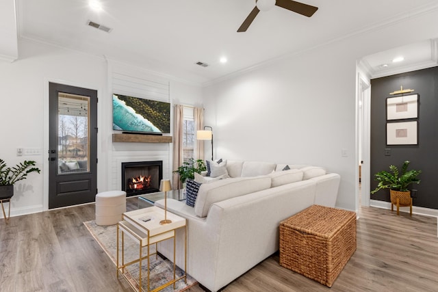 living room featuring ornamental molding, wood-type flooring, and a large fireplace