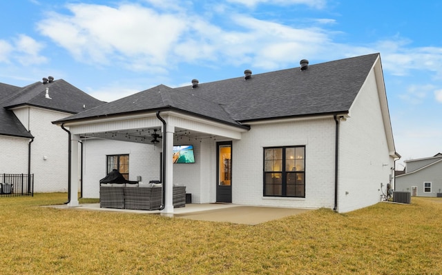 back of house with a patio, outdoor lounge area, a yard, central AC unit, and ceiling fan