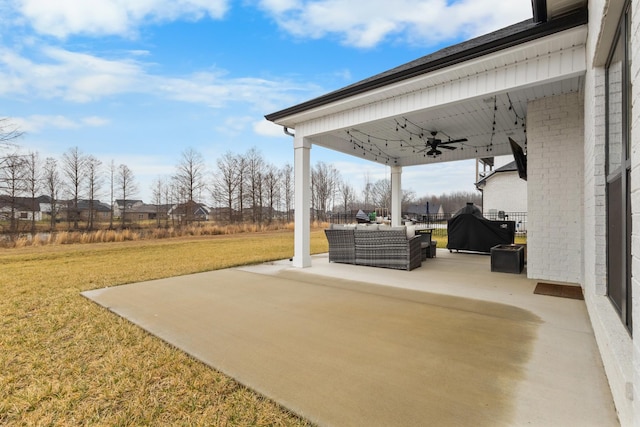 view of patio / terrace with ceiling fan, outdoor lounge area, and area for grilling