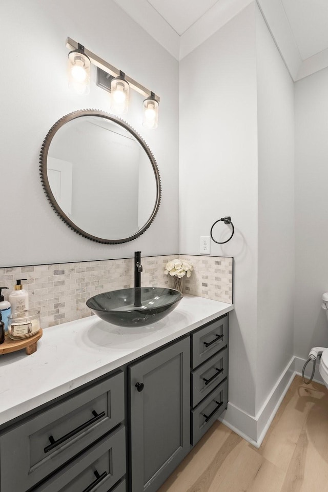 bathroom with tasteful backsplash, vanity, wood-type flooring, and toilet