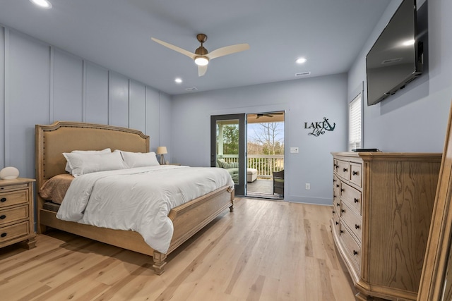 bedroom featuring ceiling fan, access to exterior, and light hardwood / wood-style floors