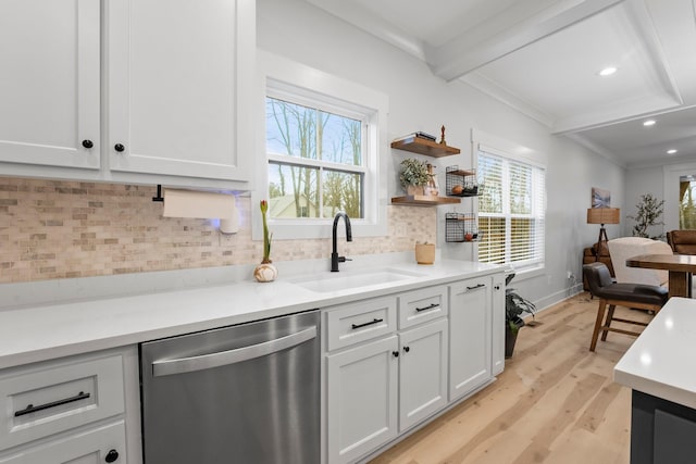 kitchen featuring white cabinetry, stainless steel dishwasher, sink, and decorative backsplash