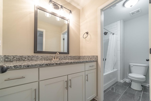 full bathroom with vanity, toilet, tile patterned floors, and shower / bath combo with shower curtain