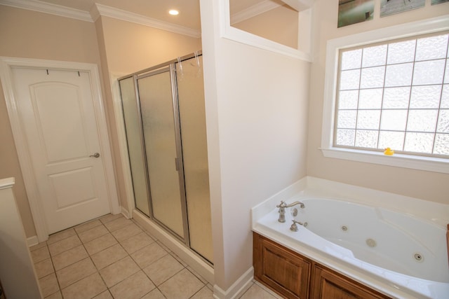 bathroom with ornamental molding, separate shower and tub, and tile patterned flooring