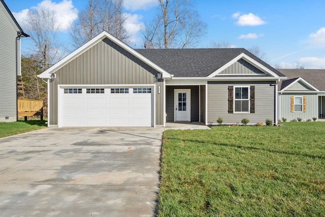 single story home with an attached garage, concrete driveway, roof with shingles, a front lawn, and board and batten siding