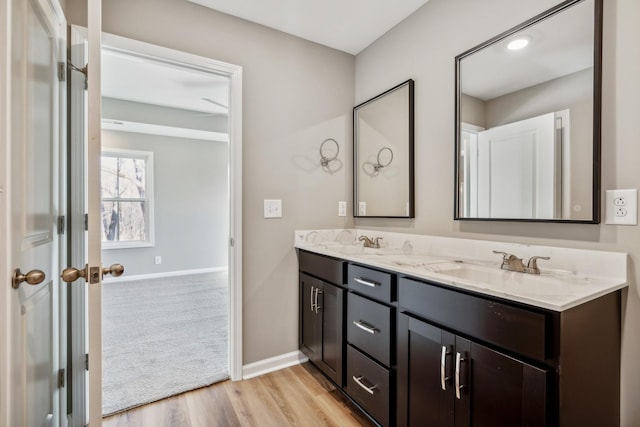 bathroom with vanity and wood-type flooring