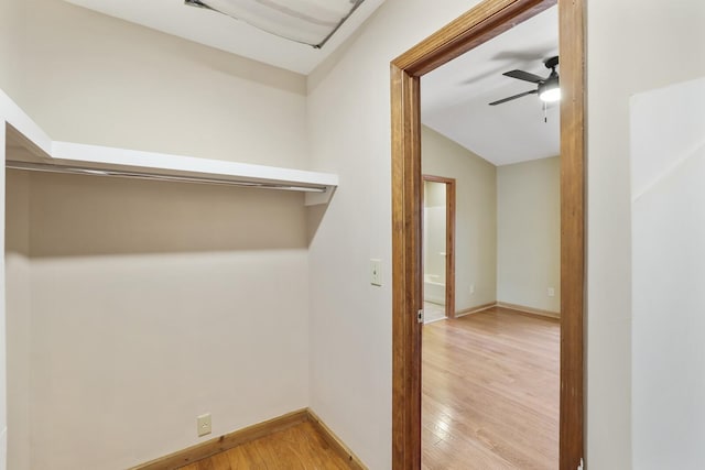 walk in closet with lofted ceiling, ceiling fan, and light hardwood / wood-style flooring