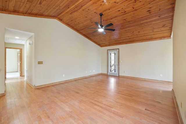 empty room featuring ceiling fan, lofted ceiling, wooden ceiling, and light hardwood / wood-style floors