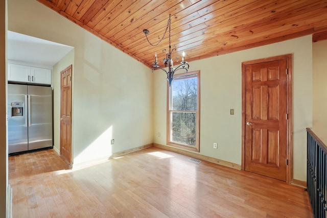 unfurnished dining area with wooden ceiling, a chandelier, and light wood-type flooring