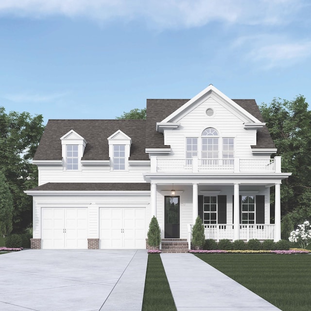 view of front of house featuring driveway, a garage, a balcony, roof with shingles, and covered porch