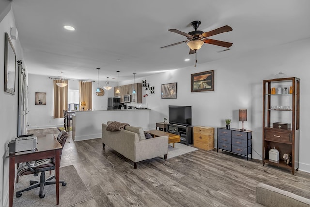 living room with hardwood / wood-style flooring and ceiling fan