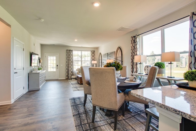 dining space featuring dark wood-type flooring