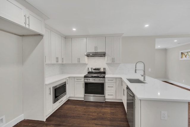 kitchen with sink, white cabinetry, dark hardwood / wood-style flooring, kitchen peninsula, and stainless steel appliances