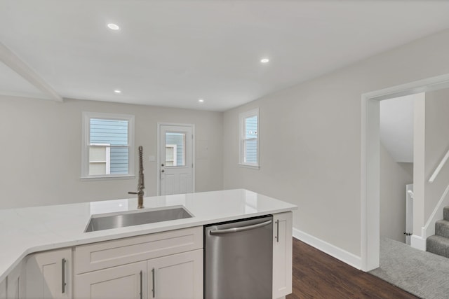 kitchen featuring stainless steel dishwasher, dark hardwood / wood-style flooring, sink, and white cabinets