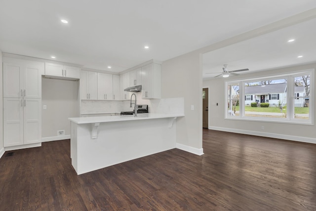 kitchen featuring a kitchen breakfast bar, dark hardwood / wood-style flooring, kitchen peninsula, decorative backsplash, and white cabinets