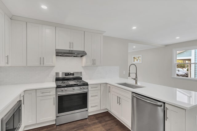 kitchen with stainless steel appliances, ventilation hood, white cabinets, and kitchen peninsula