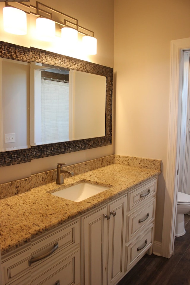 bathroom featuring vanity, toilet, and wood-type flooring