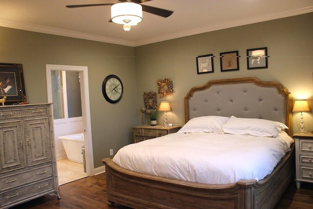 bedroom with ornamental molding, hardwood / wood-style floors, ceiling fan, and ensuite bathroom