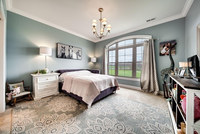 4888 Rock House Rd, Portland, TN 37148 - carpeted bedroom featuring crown molding, visible vents, baseboards, and a chandelier
