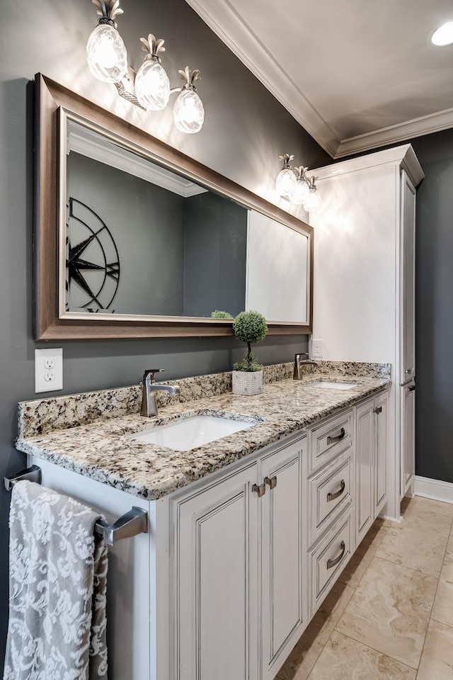 4888 Rock House Rd, Portland, TN 37148 - bathroom with a sink, ornamental molding, baseboards, and double vanity