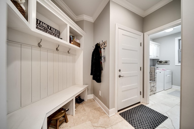 4888 Rock House Rd, Portland, TN 37148 - mudroom with crown molding, washer and clothes dryer, and baseboards
