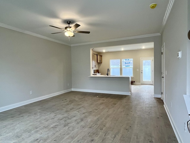 unfurnished living room featuring hardwood / wood-style floors, crown molding, sink, and ceiling fan