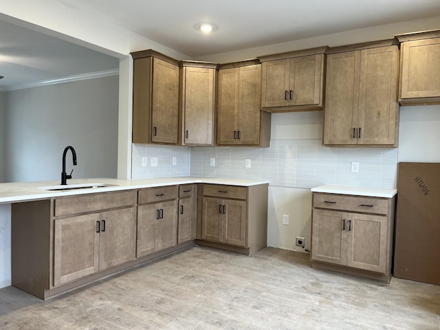 kitchen featuring ornamental molding, sink, decorative backsplash, and light hardwood / wood-style flooring