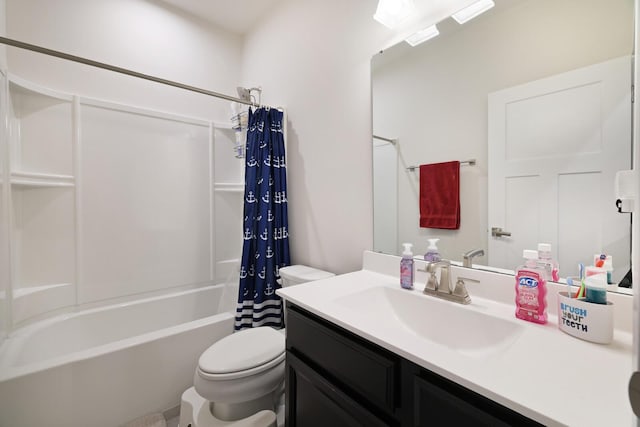 bathroom featuring toilet, shower / bath combination with curtain, and vanity