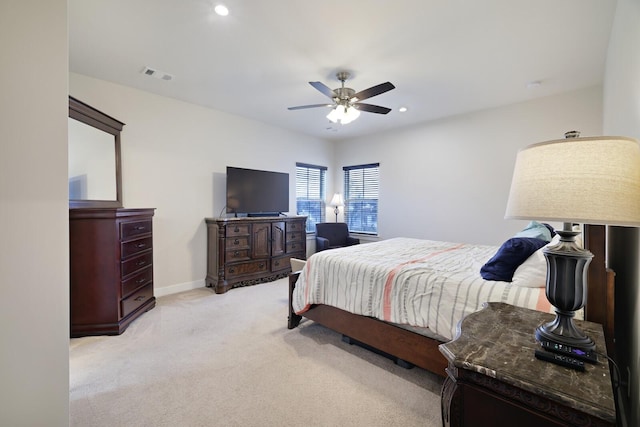 bedroom with light carpet, baseboards, visible vents, a ceiling fan, and recessed lighting