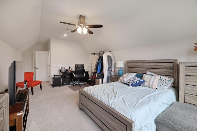 bedroom with lofted ceiling, visible vents, a ceiling fan, and light colored carpet