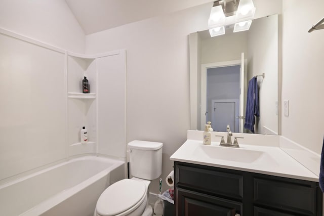 full bath featuring  shower combination, lofted ceiling, vanity, and toilet