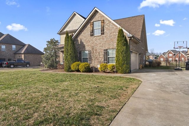 view of property exterior with a garage and a lawn