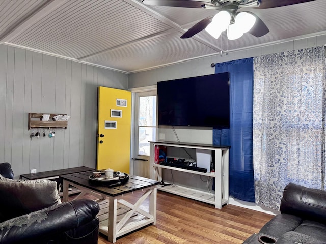 living room with ceiling fan and hardwood / wood-style floors