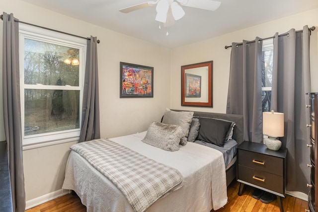 bedroom featuring ceiling fan and light wood-type flooring