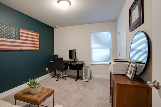 home office with light colored carpet