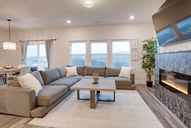 living room featuring a premium fireplace and light wood-type flooring