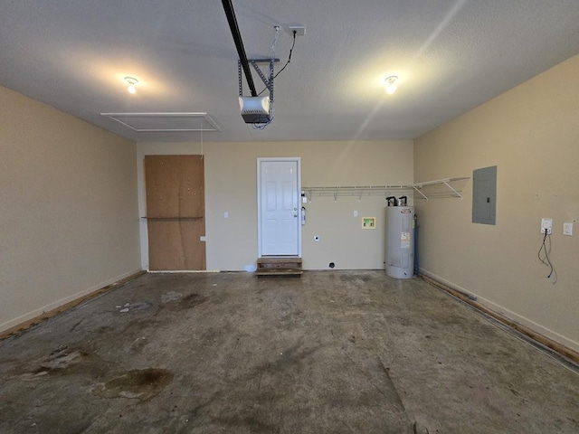 garage featuring a garage door opener, electric panel, and water heater