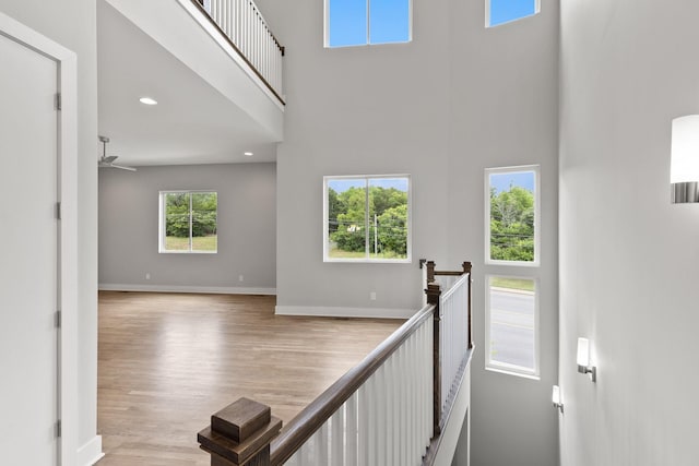 stairs with hardwood / wood-style floors and a high ceiling