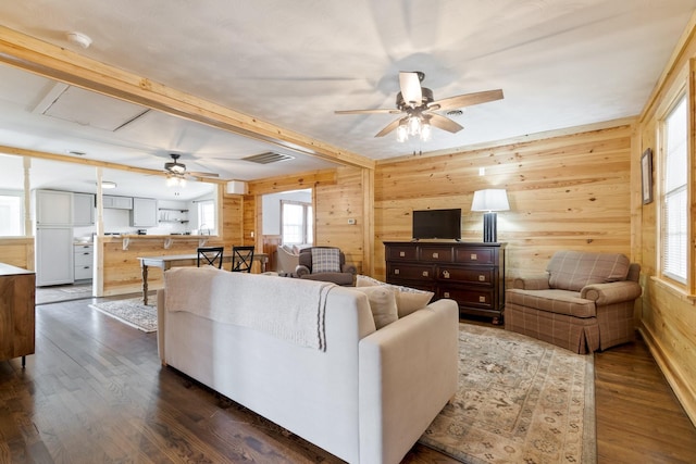 living room featuring dark wood-type flooring, a healthy amount of sunlight, and wooden walls