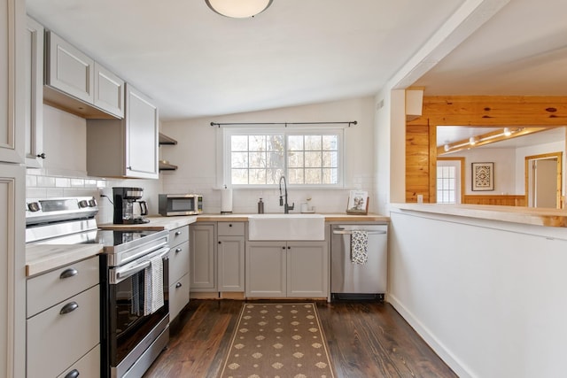 kitchen featuring lofted ceiling, sink, appliances with stainless steel finishes, dark hardwood / wood-style flooring, and backsplash