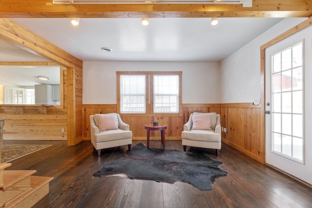 living area with dark wood-type flooring, a wealth of natural light, and wooden walls