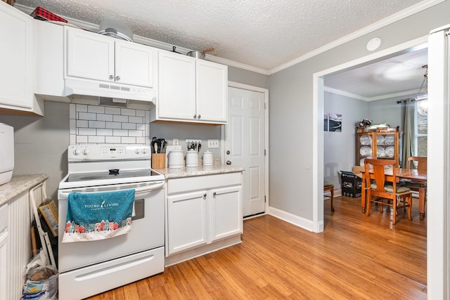 kitchen with white cabinetry, white range with electric cooktop, ornamental molding, and light hardwood / wood-style flooring