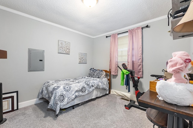 carpeted bedroom featuring crown molding, electric panel, and a textured ceiling