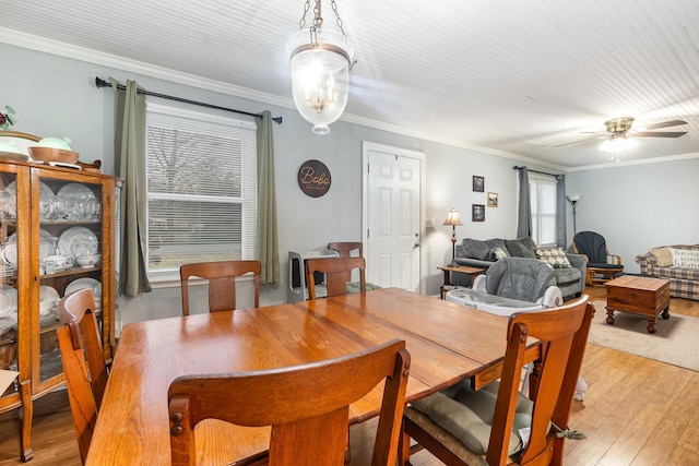 dining space with crown molding, ceiling fan, and light hardwood / wood-style flooring