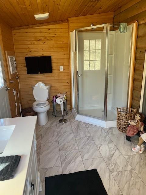 bathroom featuring vanity, an enclosed shower, wood ceiling, and an AC wall unit