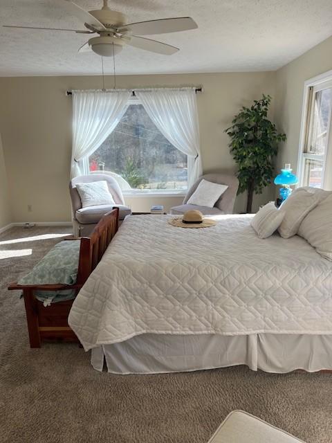 bedroom with ceiling fan, carpet floors, and a textured ceiling