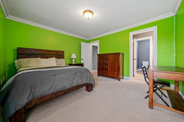 bedroom with ornamental molding and light carpet