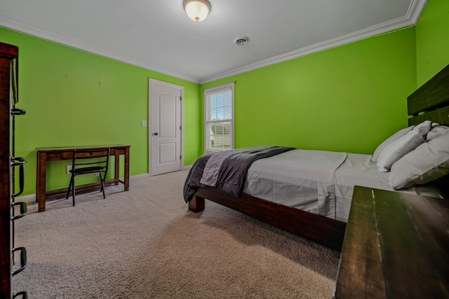 bedroom featuring carpet floors and ornamental molding